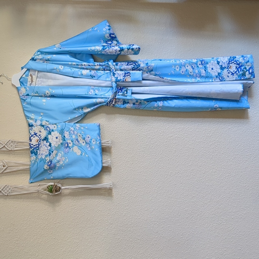 Vintage Full Yakuta Kimono Floral Blue Tie Wrap Belt Robe Asian Oriental